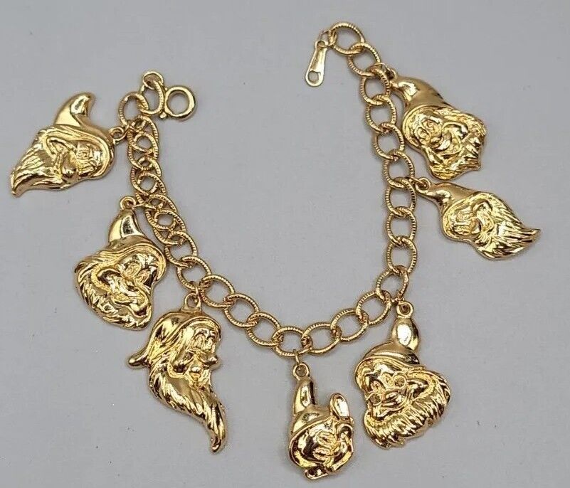 Vintage Disney Seven Dwarf Charm Bracelet Gold Tone Dwarfs Name On Back 6.75\