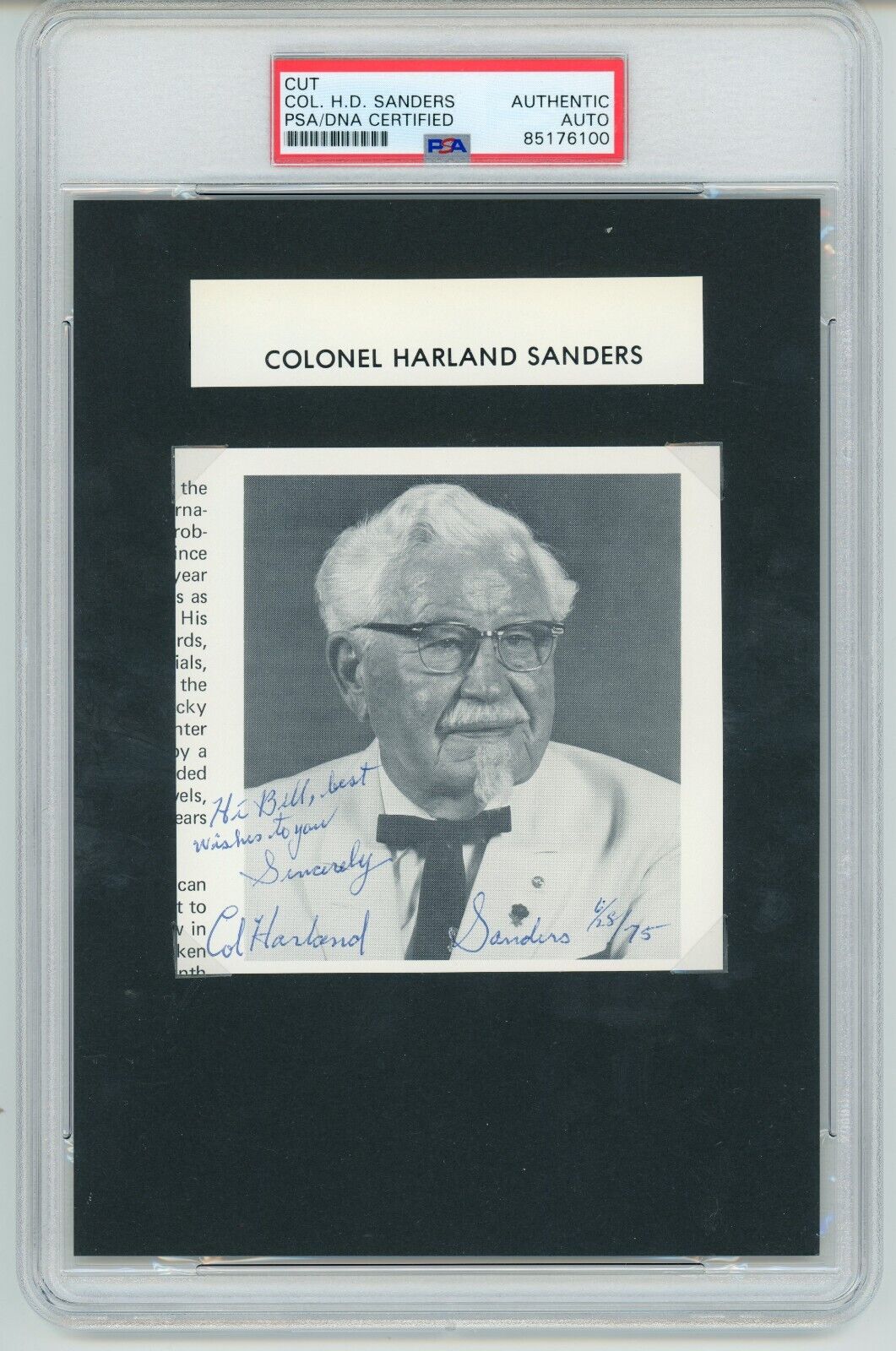 Colonel Harland Sanders (KFC) ~ Signed Autographed Photograph Col ~ PSA DNA
