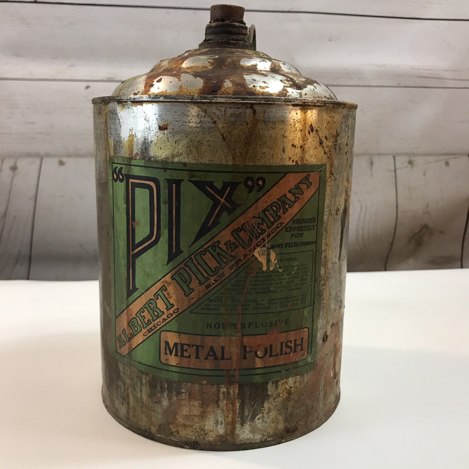 Rare Antique Metal Polish PIX Albert Pick & Company Gallon Advertising Canco