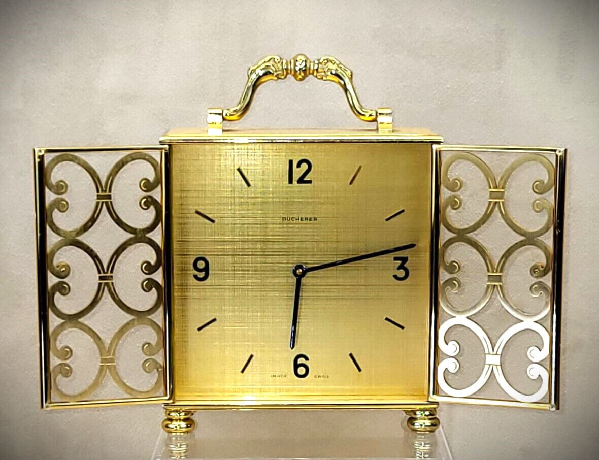Elegant \'60s Bucherer Imhof Swiss Gilt-Brass Mantel Shelf Clock 8-day, 15-jewel