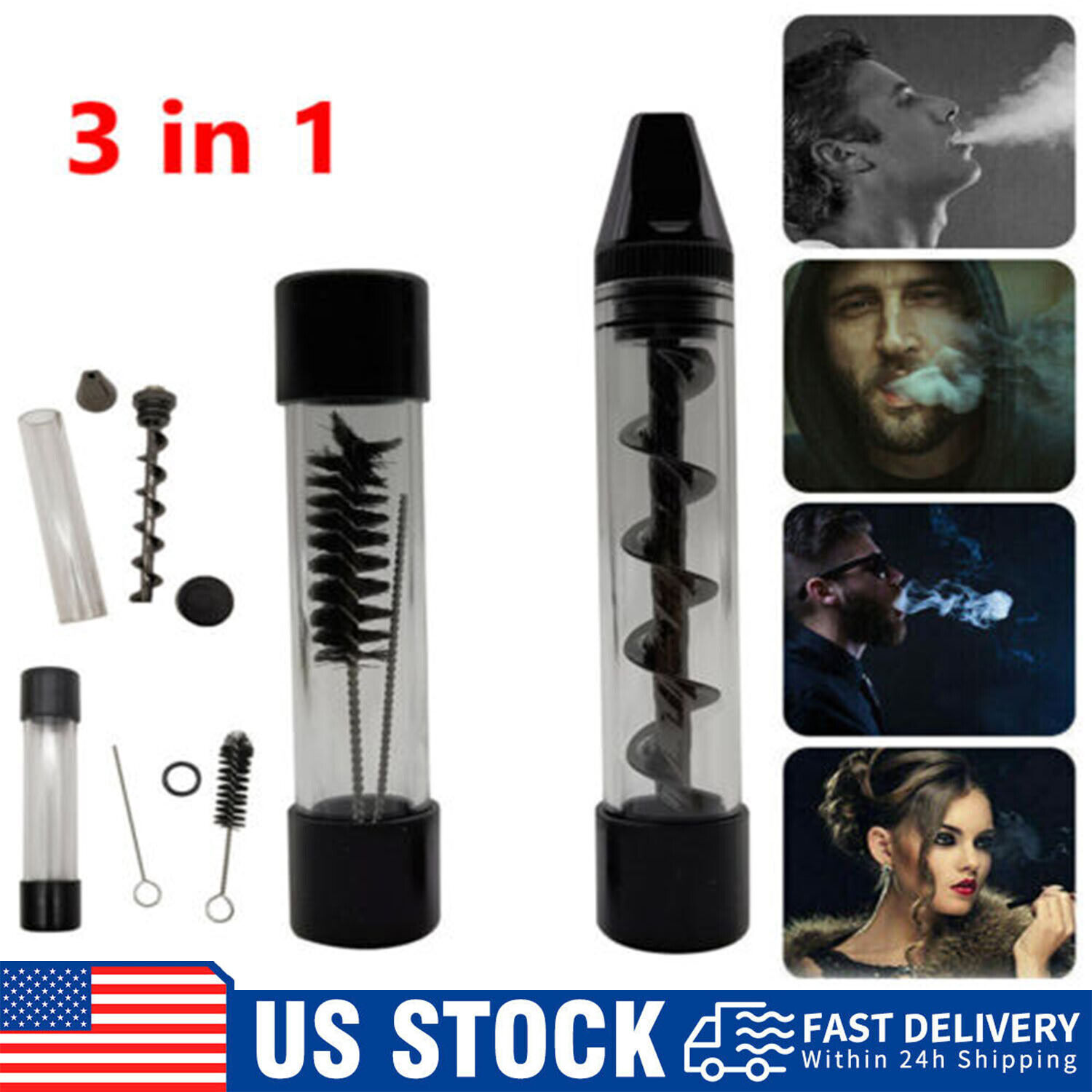 3in1 Twisty Glass Blunt Smoking Mini Pipe Metal Tip With Cleaning Brush Upgraded