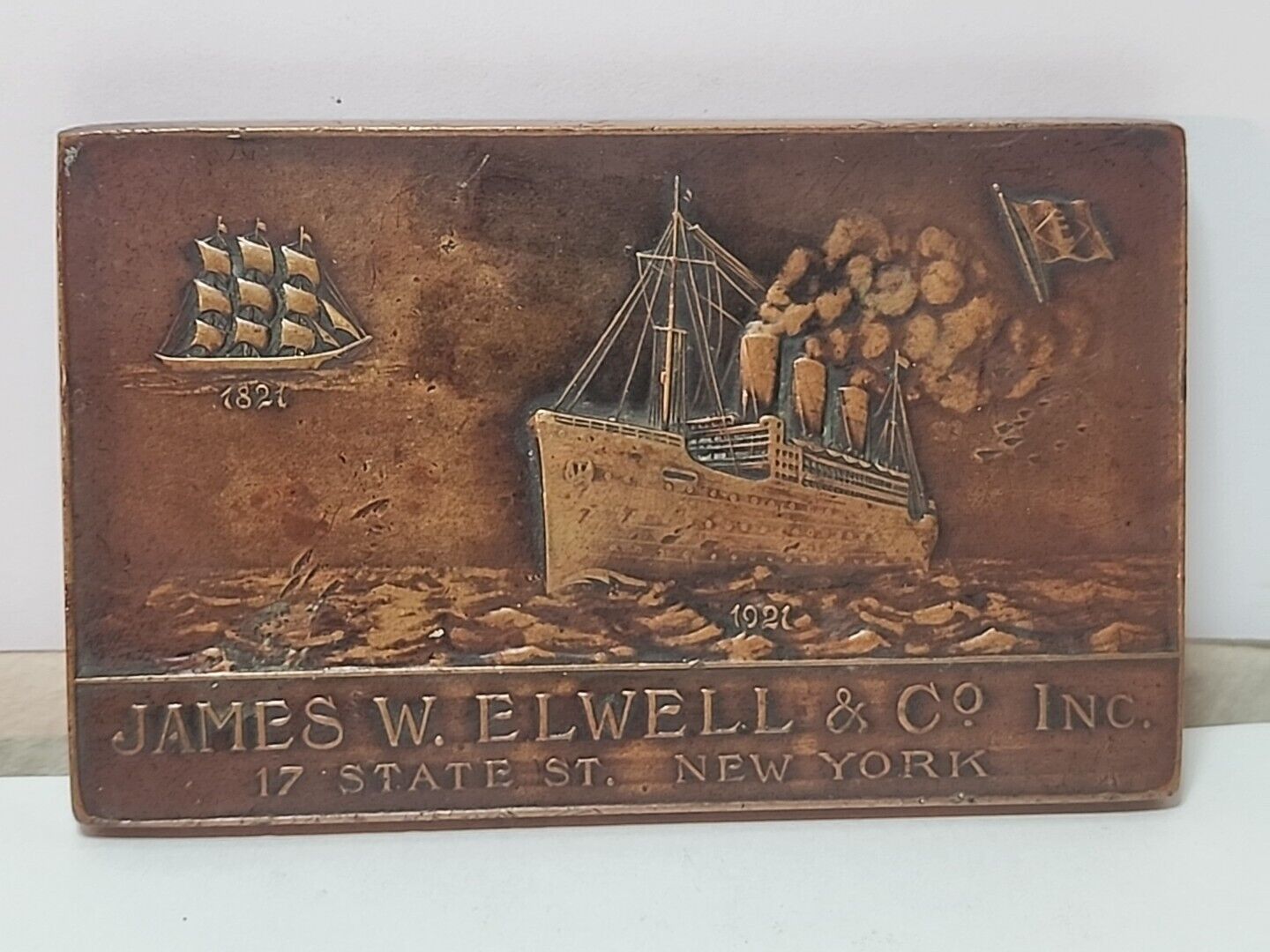 1921 James W Elwell NY Ship Builders 100 Yr Commemorative Bronze Paperweight RR5