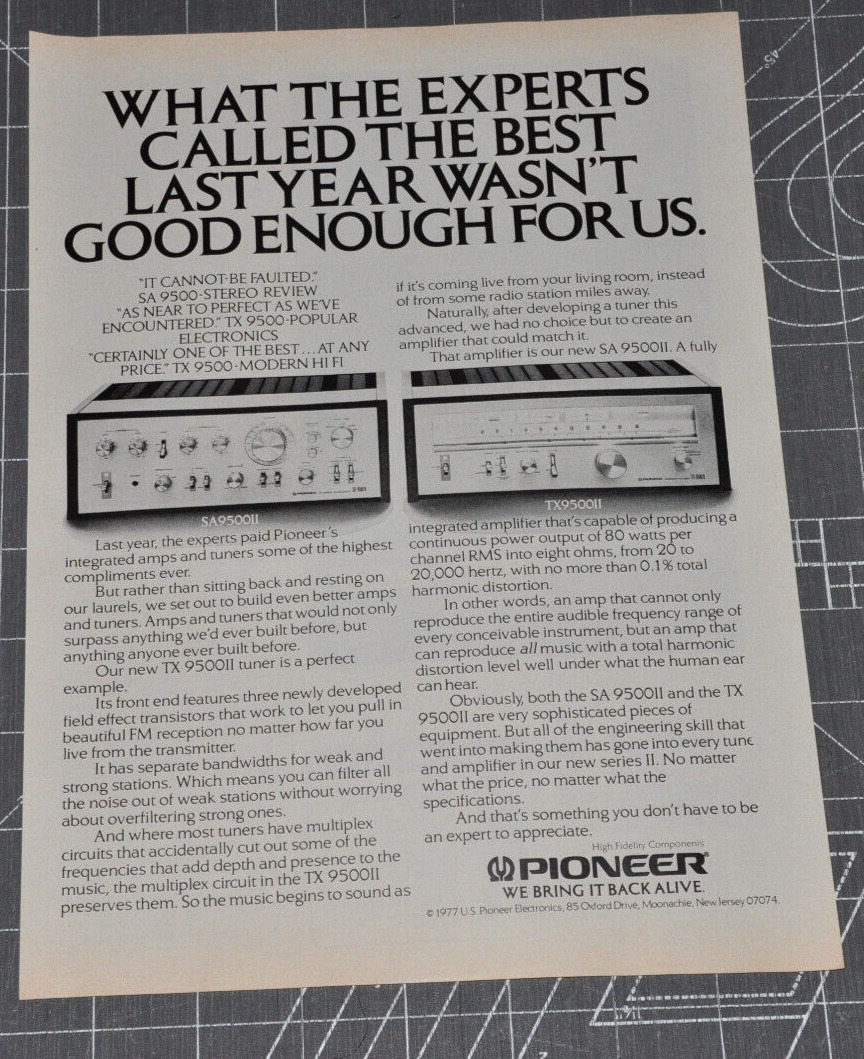 Pioneer Amps Tuners 1977 Vintage Print Ad - SA9500II TX9500II Electronic