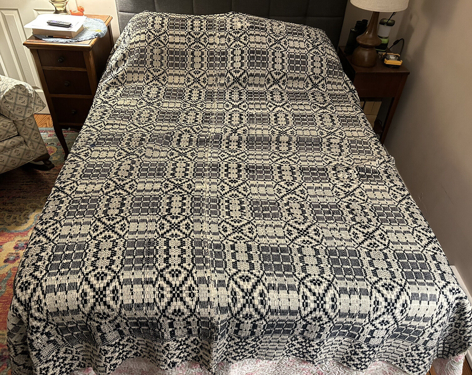 Antique Mid-1800s Jacquard Coverlet or Blanket Hand Loomed in Indigo Blue Wool