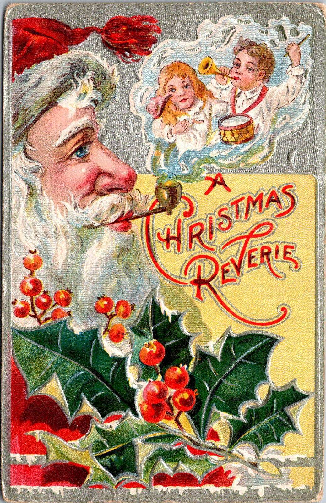 Vtg 1909 Christmas Reverie St Nicholas Santa Smoke Pipe Children Gold Postcard