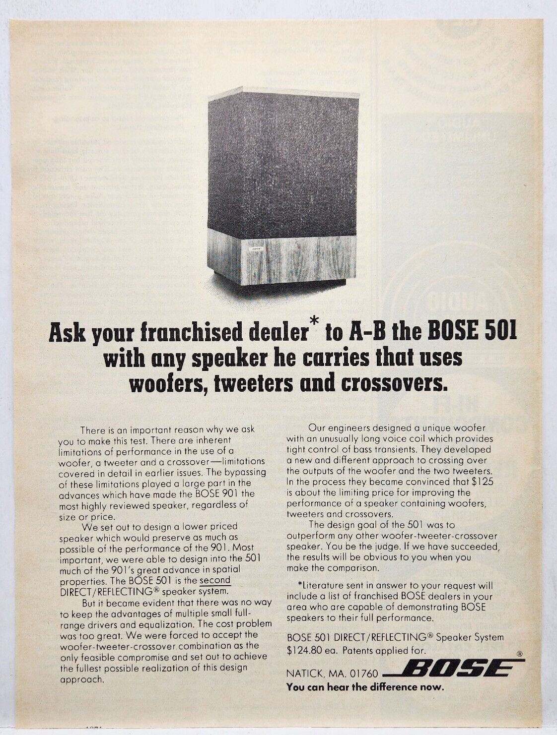 1971 BOSE 901 Speaker System Vintage Poster Print Ad Natick Massachusetts