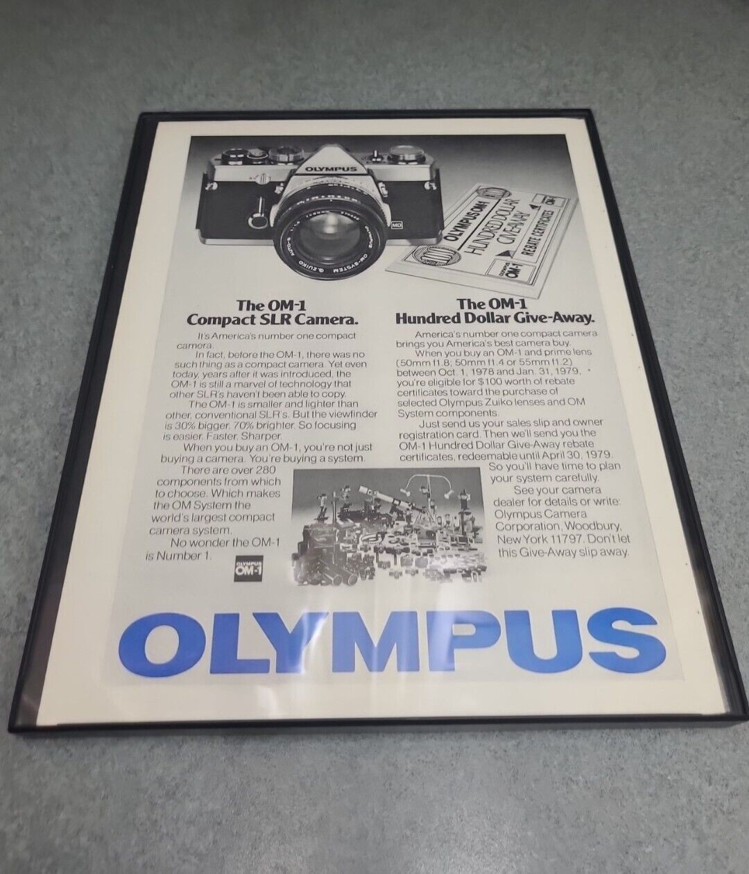 Vintage Olympus OM-1 print Ad 1978 advertising photography camera Framed 8.5x11 