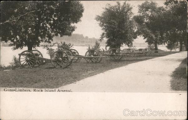 1908 Guns & Limbers,Rock Island Arsenal,IL Illinois Antique Postcard 1c stamp