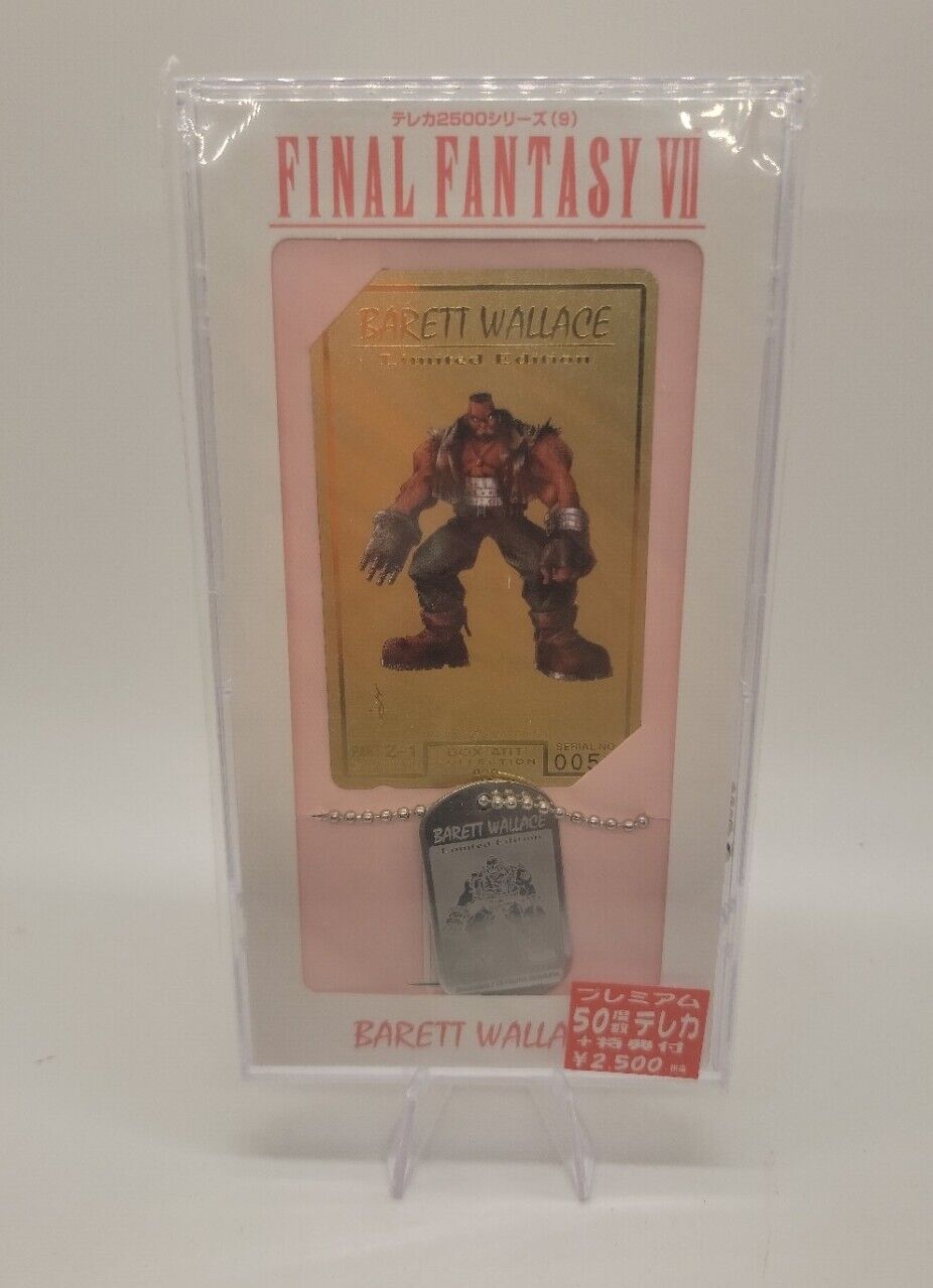 Vintage 1997 Final Fantasy VII 7 Barett Wallace Gold Phone Card + Dog Tag SEALED