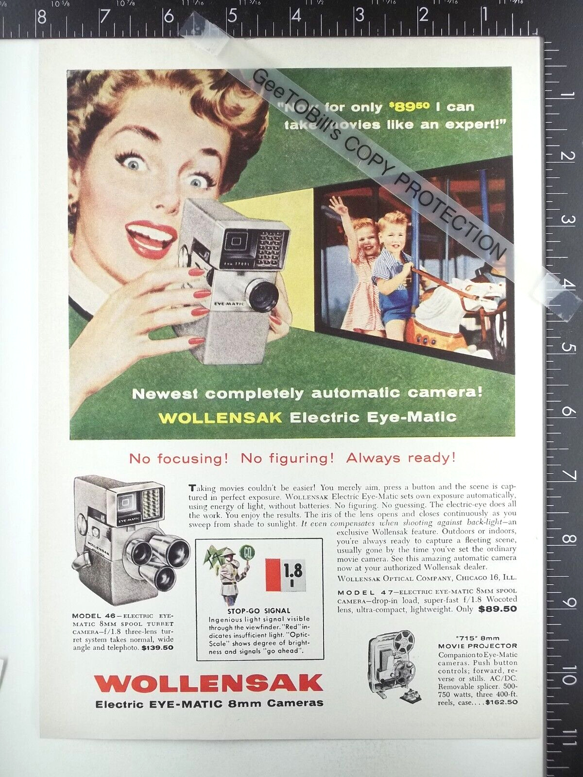 1958 ADVERTISING for Wollensak Eye-Matic 8mm movie camera model 46 715
