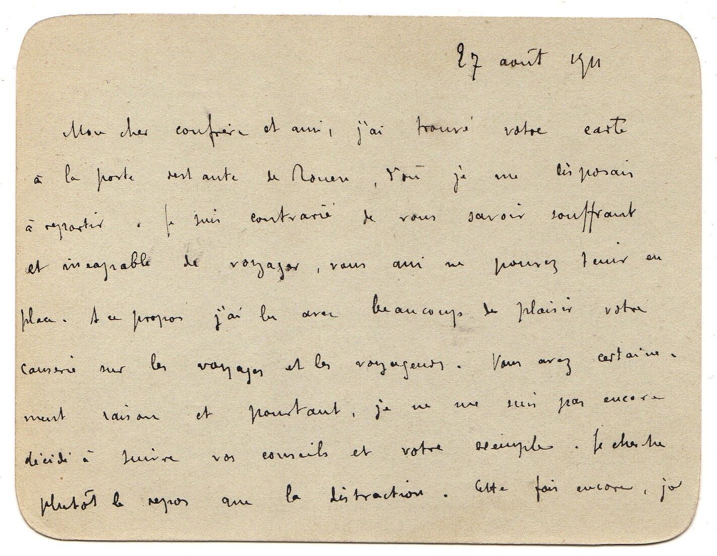 Remy de Gourmont to Octave Uzanne - Autograph - August 27, 1911