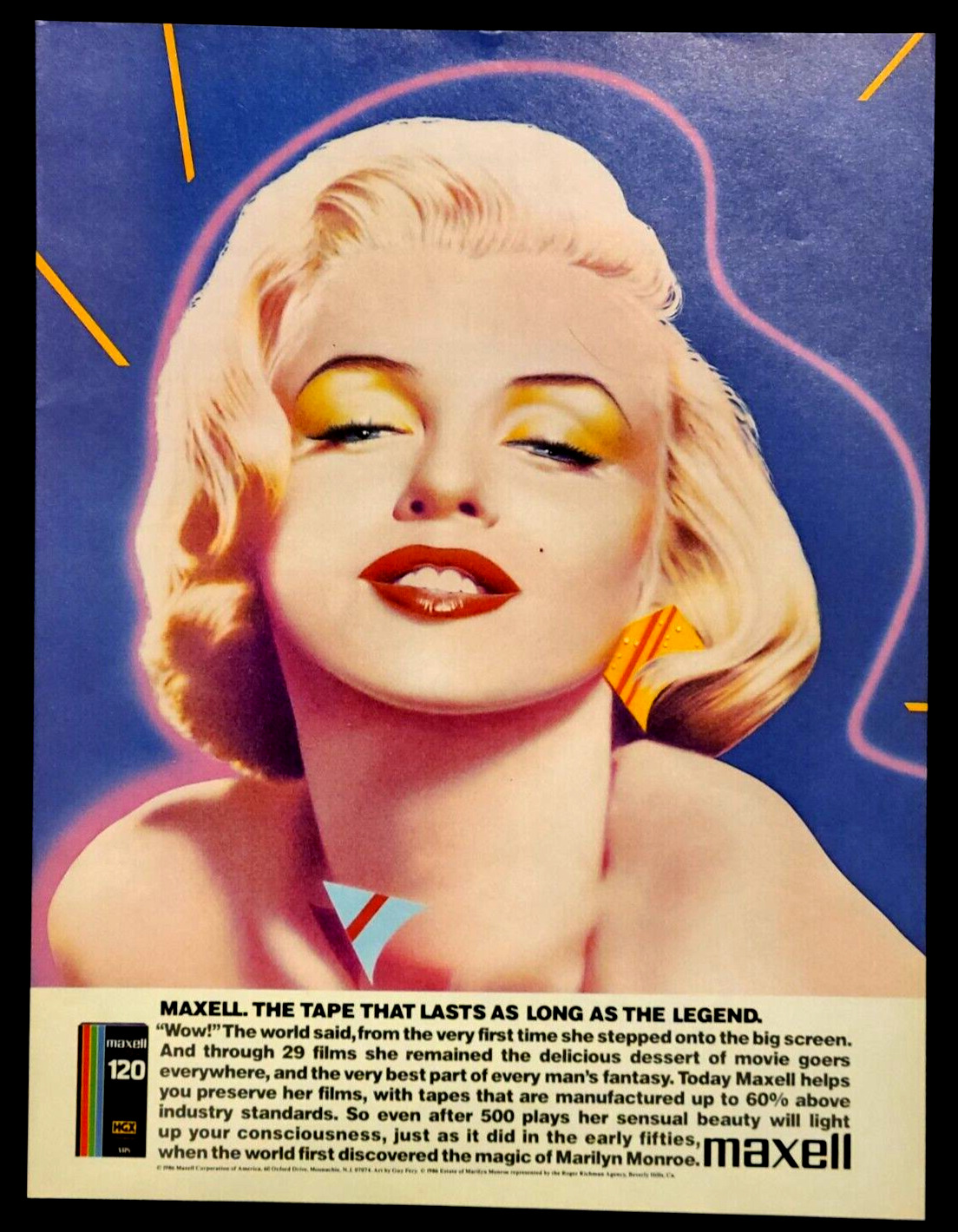 Maxell VHS Tape Vintage 1986 Print Ad Marilyn Monroe