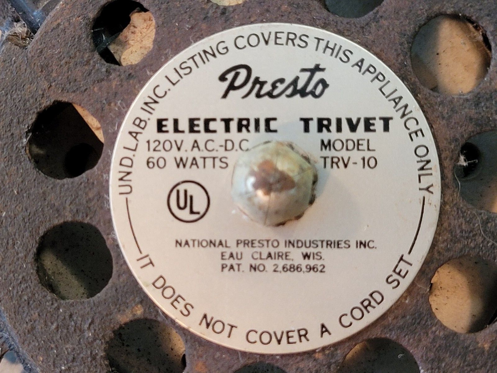 Vintage Presto Cast Iron Electric Trivet Hotplate TRV-10 2-prong - Tested/Works