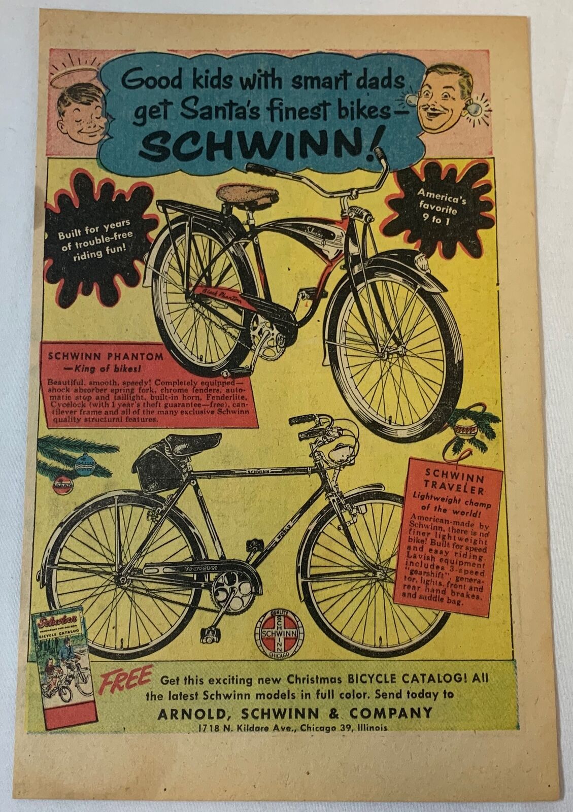 1954 Schwinn bicycles cartoon ad ~ BLACK PHANTOM, TRAVELER