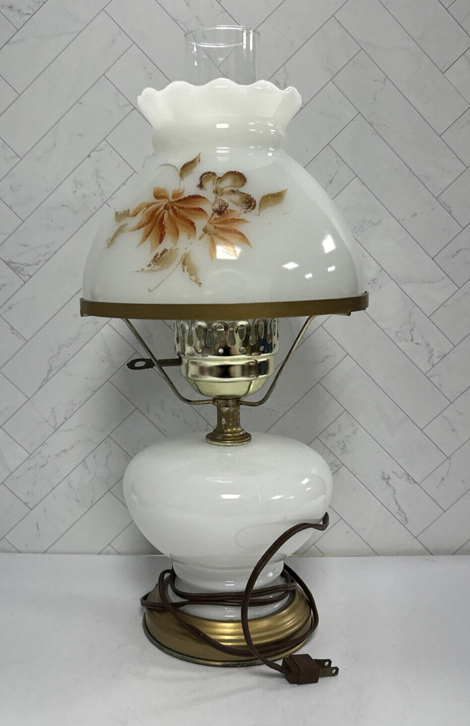 Vintage Electric Hurricane Lamp Milk Glass Parlour Lamp Medium 17