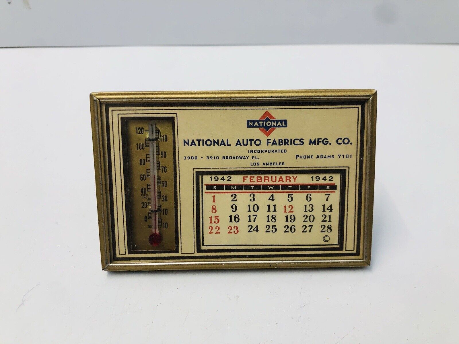 1942 National Auto Fabrics Mfg. CO. Vintage Advertising Calendar Thermometer