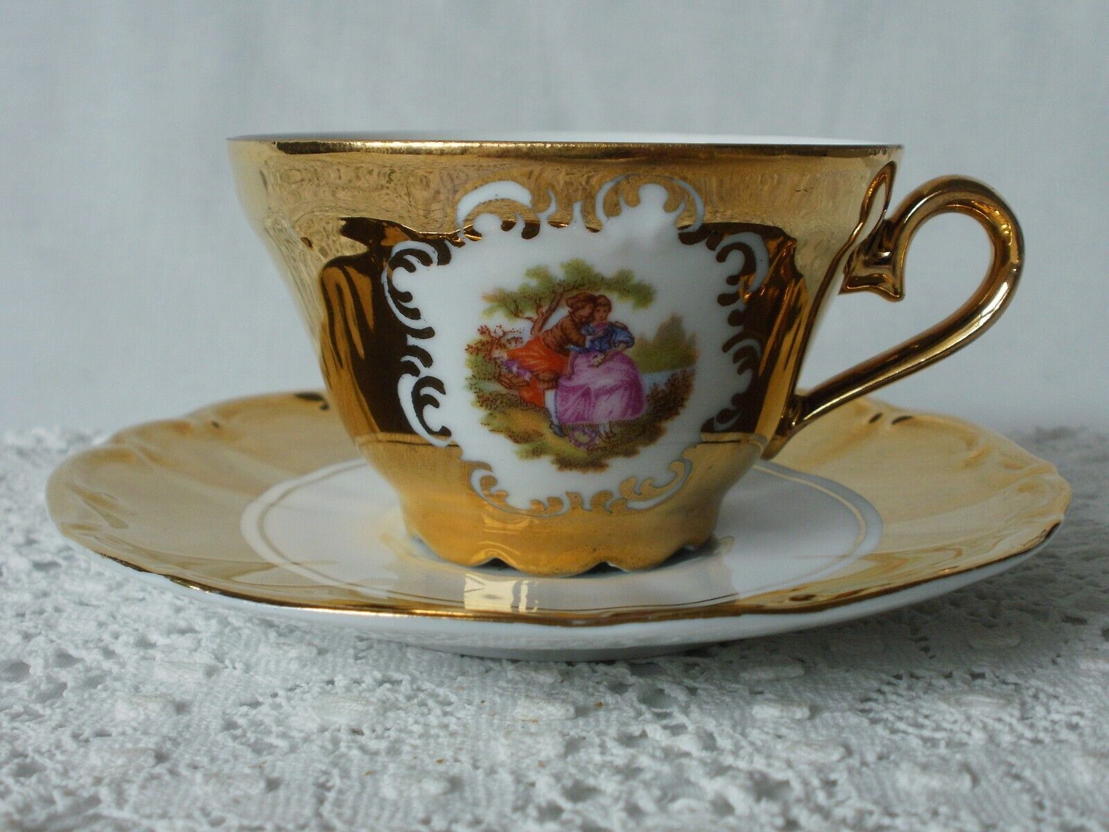 Gorgeous Vintage ST Bavaria Germany Tea Cup and Saucer Porcelain Gold/White Trim