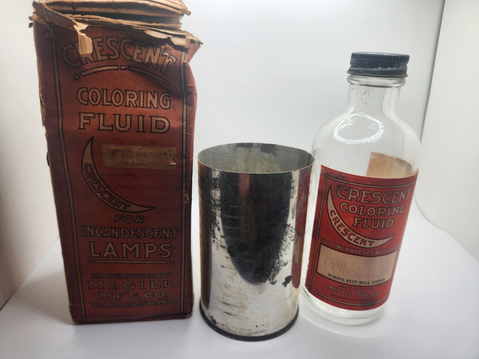 Rare Vintage Bottle Lamp Coloring Fluid Bottle Box And Can McGill MFG.CO.Empty