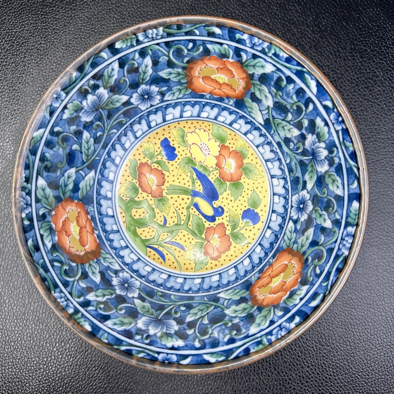 2 Vintage Juzan Gama Japanese Kutani Porcelain Bowls Blue Bird Red Flowers 5.75”