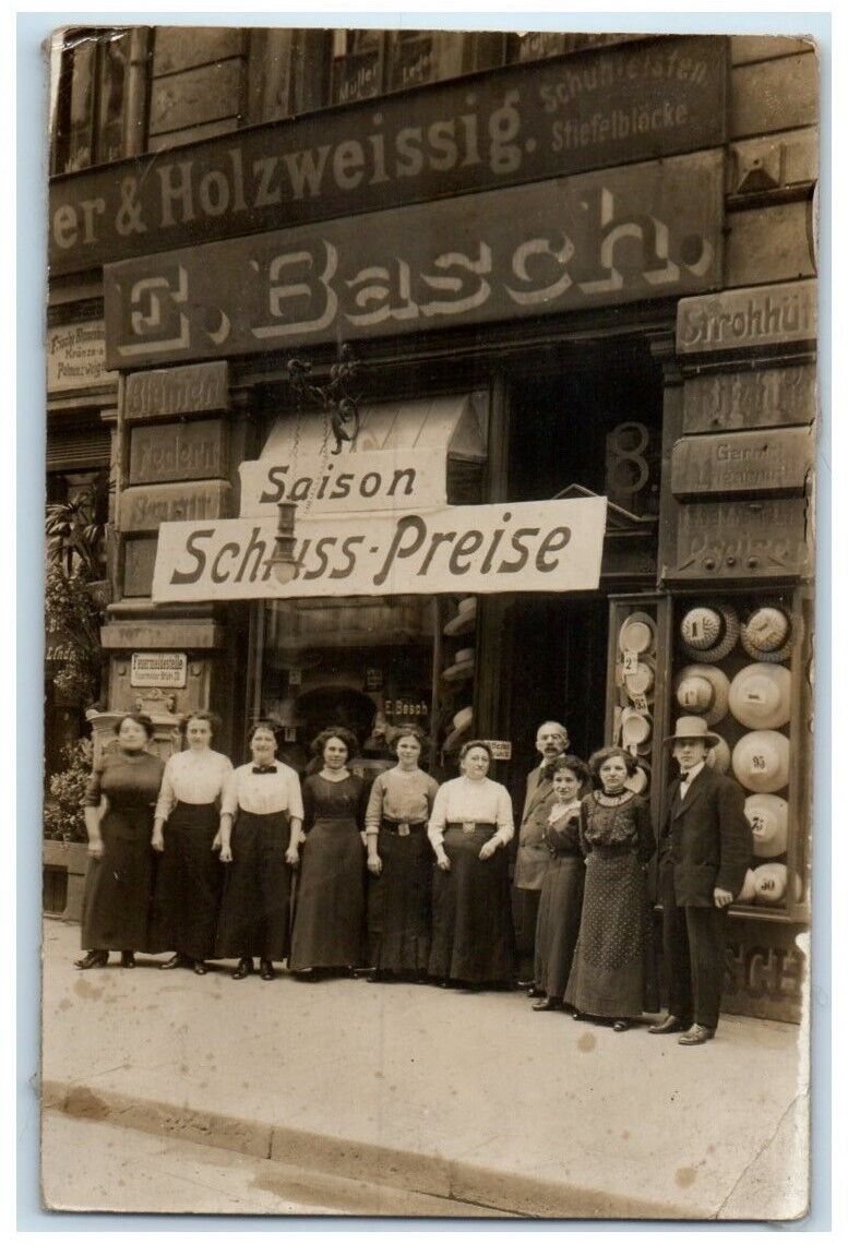 1912 E. Basch Hat Shop Building Men Women Leipzig Germany RPPC Photo Postcard