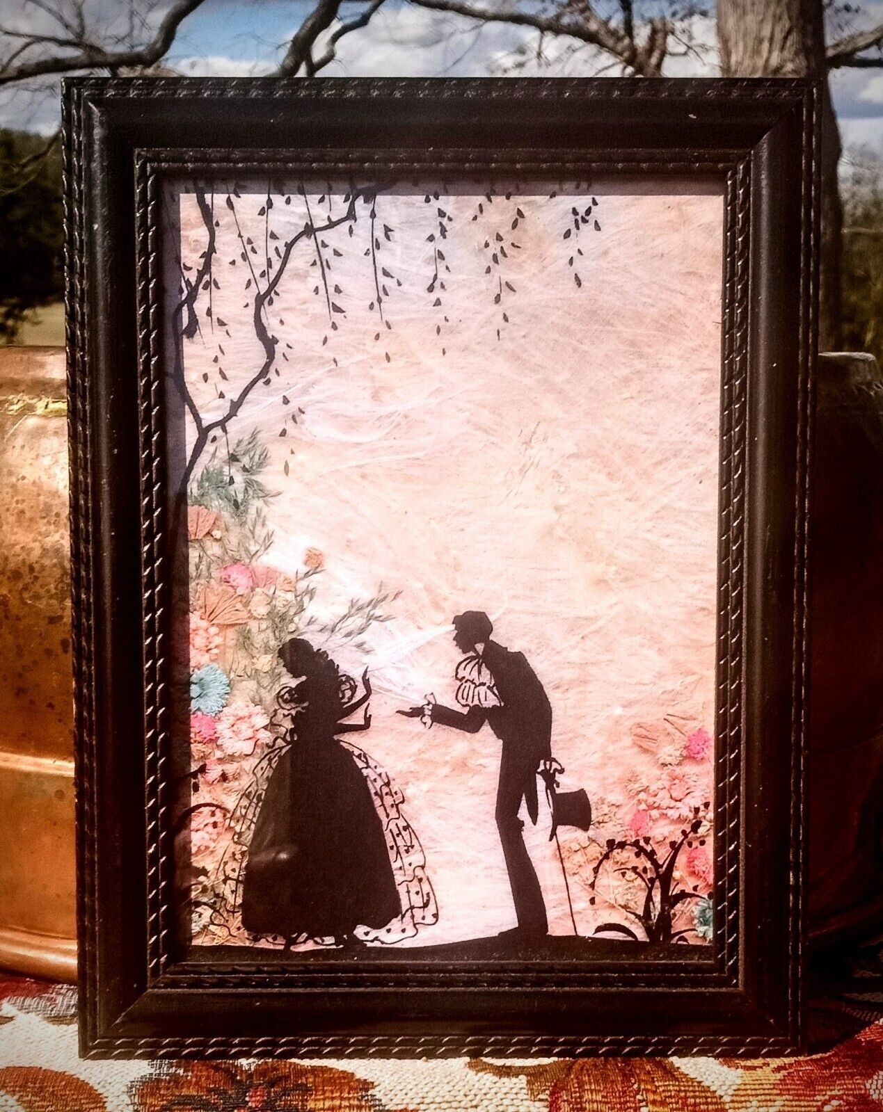 Vintage Silhouette Reverse Painted Convex Glass Belle and her Beau
