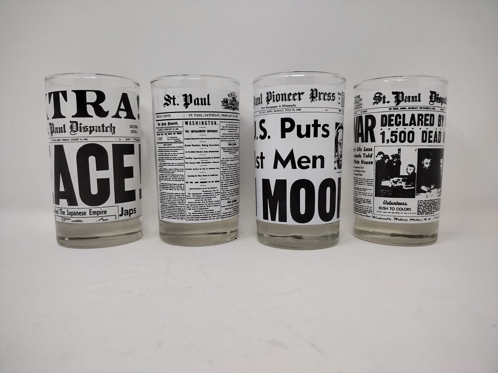 Pioneer Press St. Paul Dispatch  Drinking Glasses Moon, lindbergh, ww2 set of 4