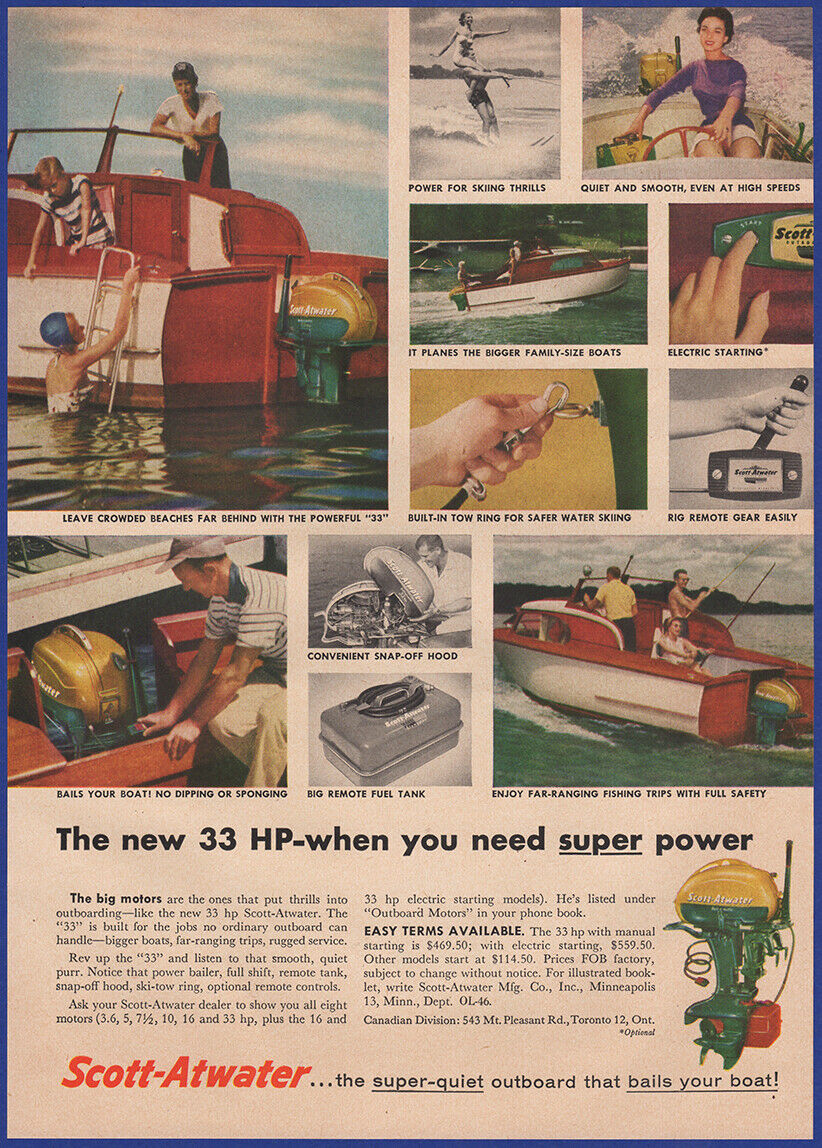 Vintage 1956 SCOTT-ATWATER Outboard Motors Boating Ephemera 1950's Print Ad