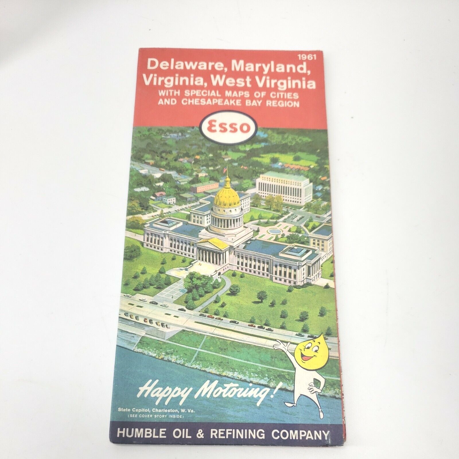 1961 Esso Humble Oil Delaware Maryland Virginia State Travel Map Vintage...