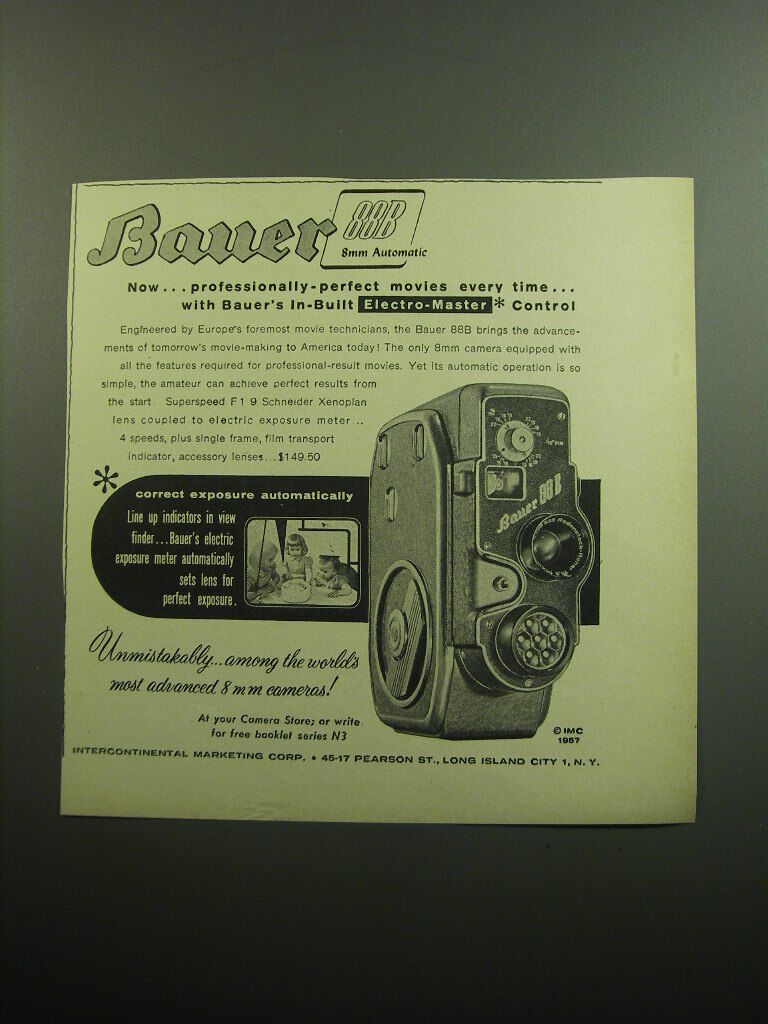 1957 Bauer 88B Movie Camera Ad - Now professionally-perfect movies every time