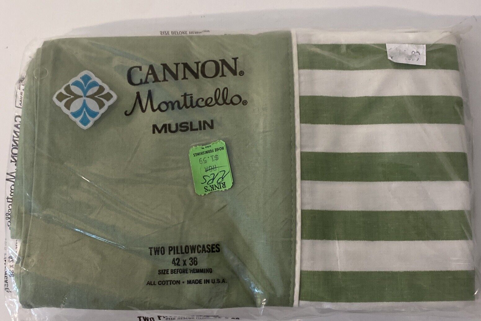 Set of 2 Vintage Canon Monticello Standard Pillowcases White & Green Stripes