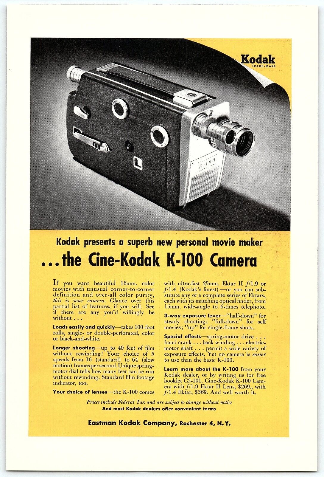 1940s KODAK CAMERAS THE CINE-KODAK K-100 CAMERA FULL PAGE PRINT AD Z4572