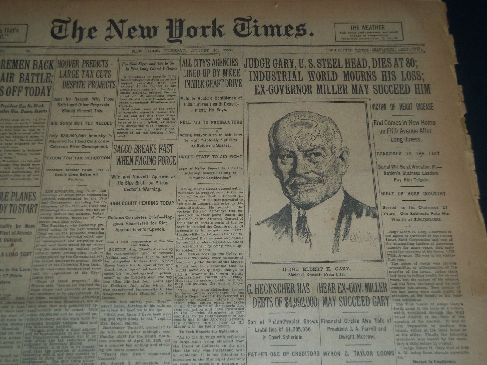 1927 AUGUST 16 NEW YORK TIMES - JUDGE GARY U. S. STEEL HEAD DIES AT 80 - NT 7525