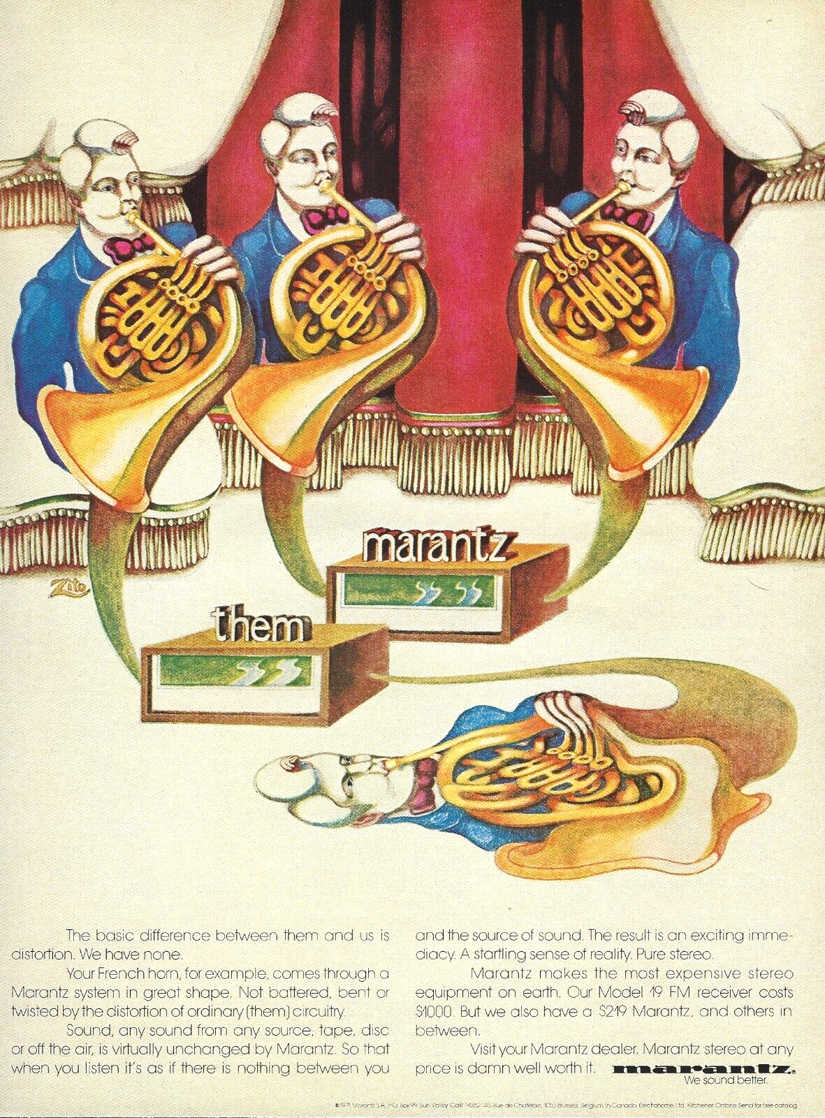 1971 Marantz Stereo Receiver French Horn Distortion Illustrated vintage Print AD