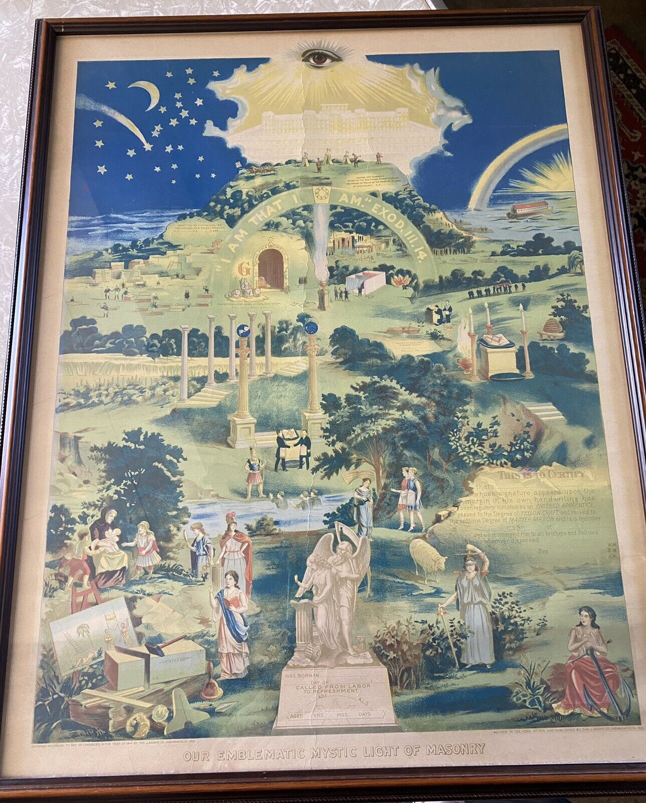 Masonic Poster 1914 Our Emblematic Mystic Light of Masonry framed 22x29 Indiana