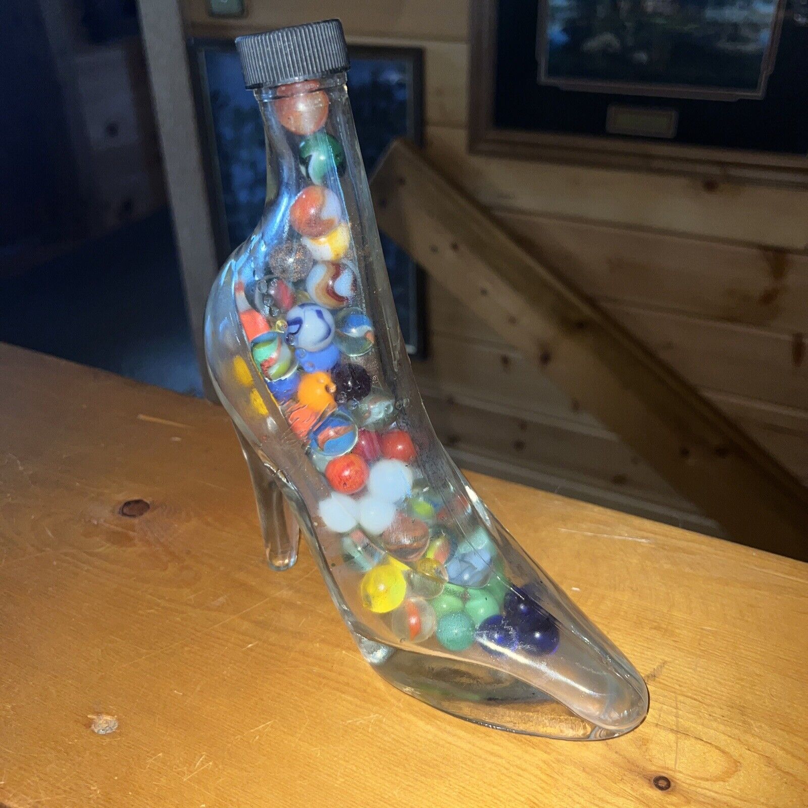 Vintage Glass High Heel Shoe 8 1/2” Tall Full of Vintage Marbles. Odd Sizes