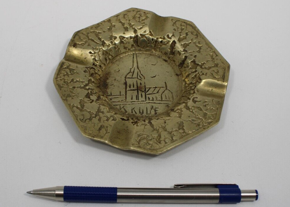 Heavy Brass Ashtray with. Hand-Made w/ Church Engraving and Unknown Signature