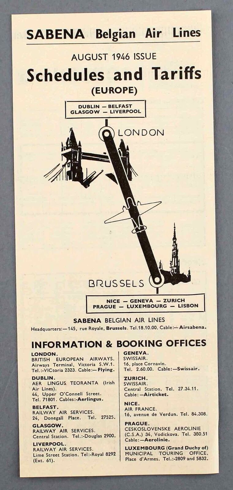 SABENA AIRLINE TIMETABLE LONDON AUGUST 1946 BELGIAN AIRLINES