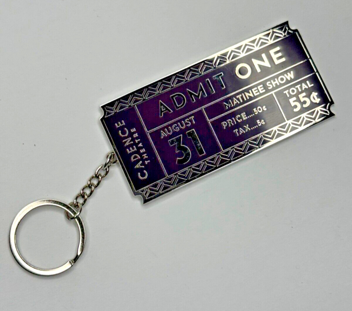 Cadence Theater Keychain Purple silver Ticket Stub Key Fob Hunt A Killer Theater