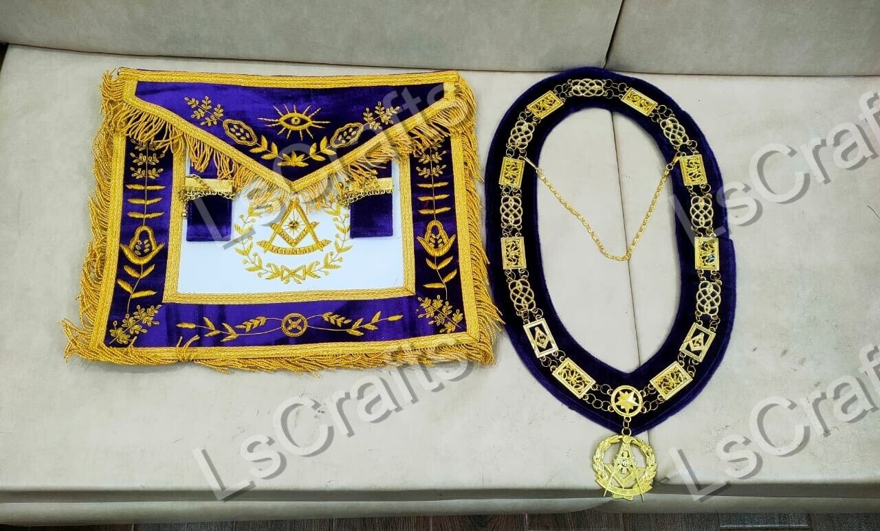 Masonic Regalia Past Master Hand embroidered apron and chain collar with jewel