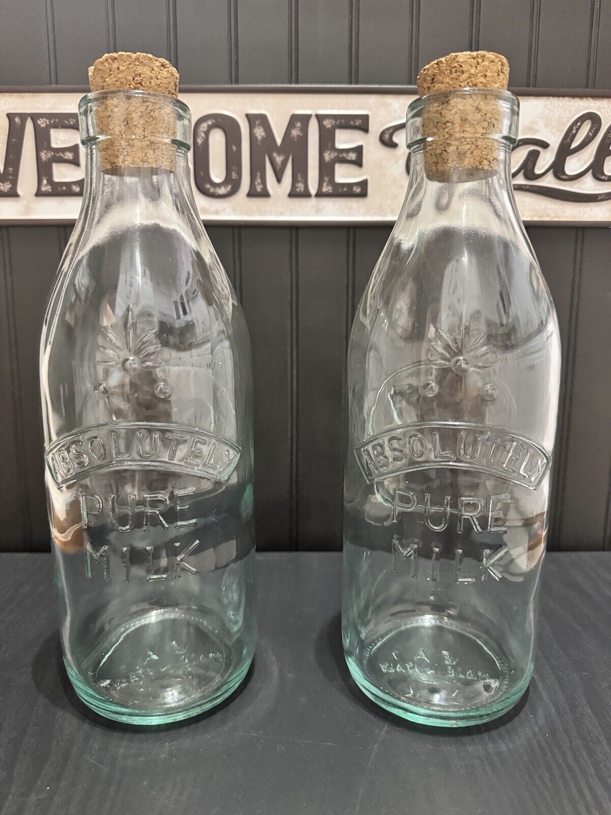 Vintage Absolutely Pure Milk Bottle Made In Italy Set Of 2 WITH Cork