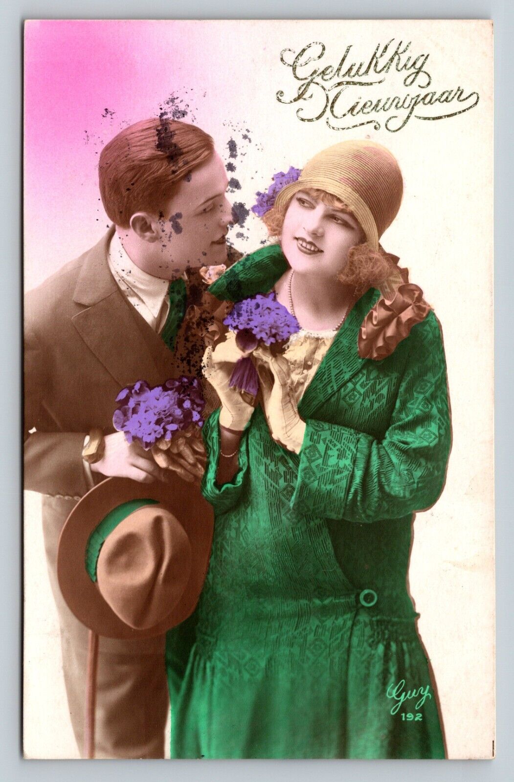 c1929 Happy New Year Classy Lovers Cloche Hat Color Tinted VINTAGE Postcard