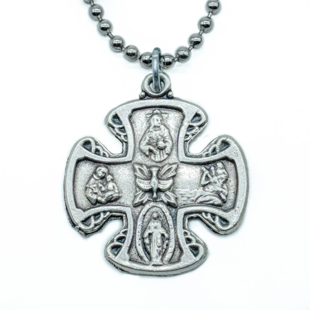 Four Way Catholic Cross Jesus 4-Way Medal Pendant Necklace Pewter Made In Italy
