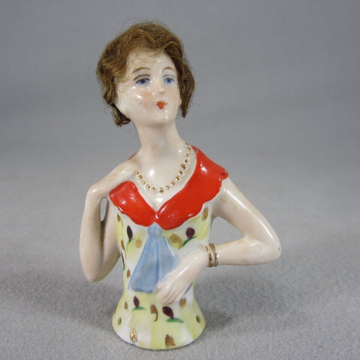German Porcelain Pin Cushion Half Doll with Necklace & Arms Away & Real Hair Wig