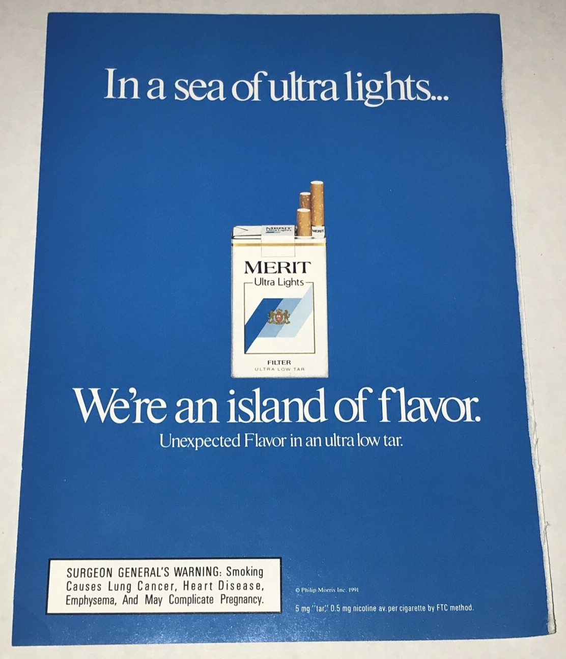1991 Merit Cigarettes Magazine Vintage Paper Print Ad In a Sea of Ultra Lights