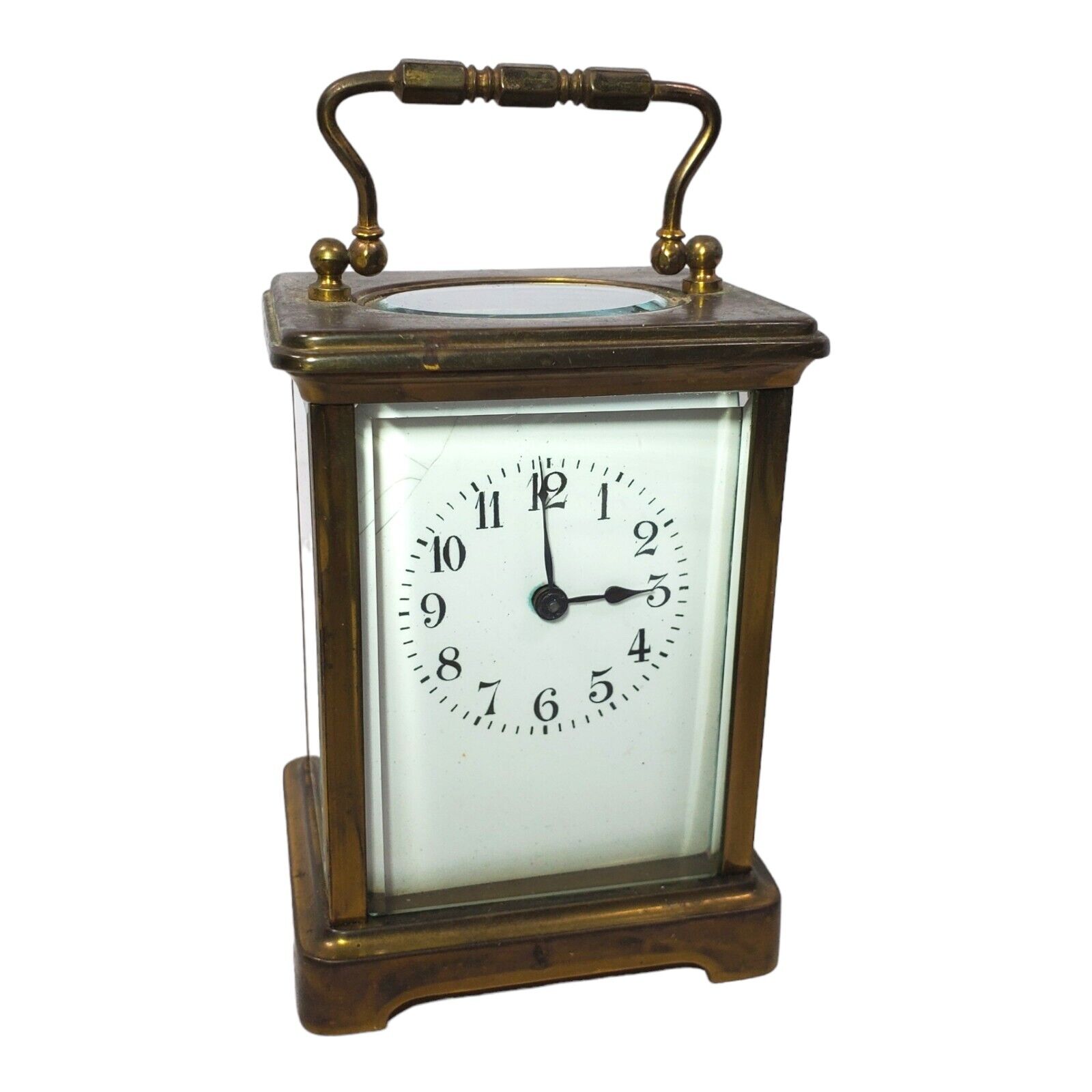 Antique C. 1900 French Carriage Clock Brass & Beveled Glass