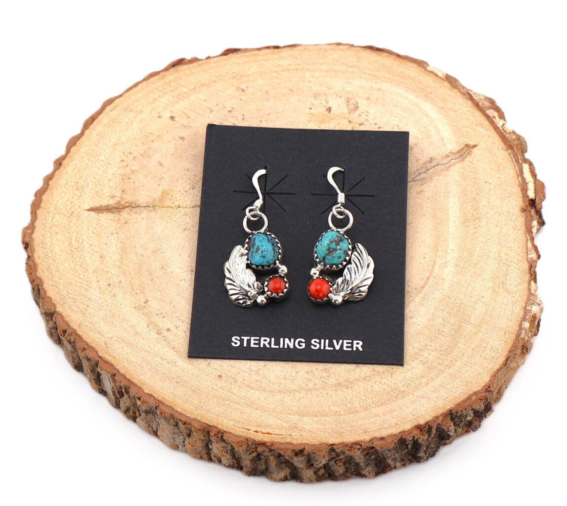 Handcrafted Navajo Cast Leaf Turquoise and Coral Dangle Earrings NA Jewelry