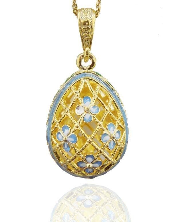Fine Russian Jewelry Gold P Filigree Style Blue Enamel Flower Egg Pendant w Box