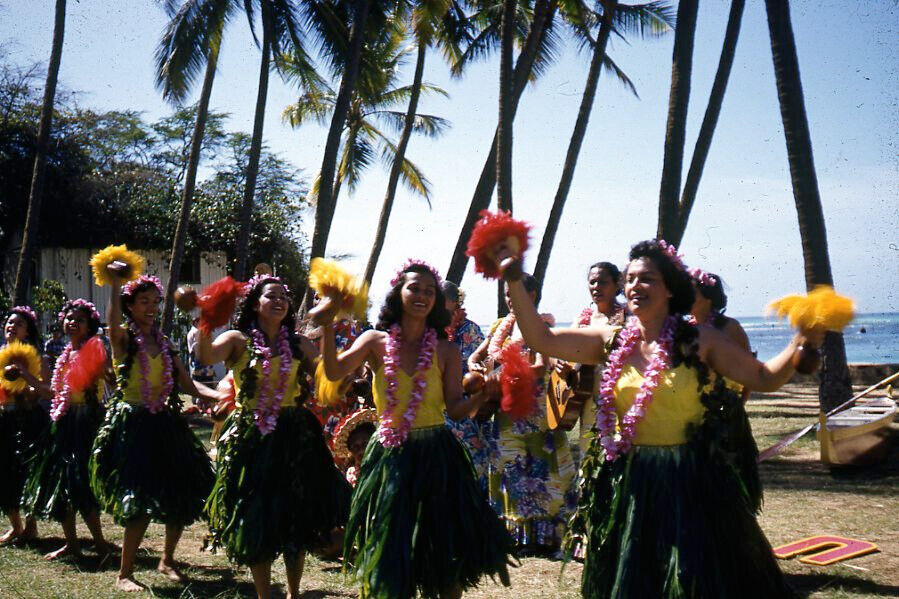35mm Slide 1950s Red Border Kodachrome Hulu Dancing Honolulu Hawaii