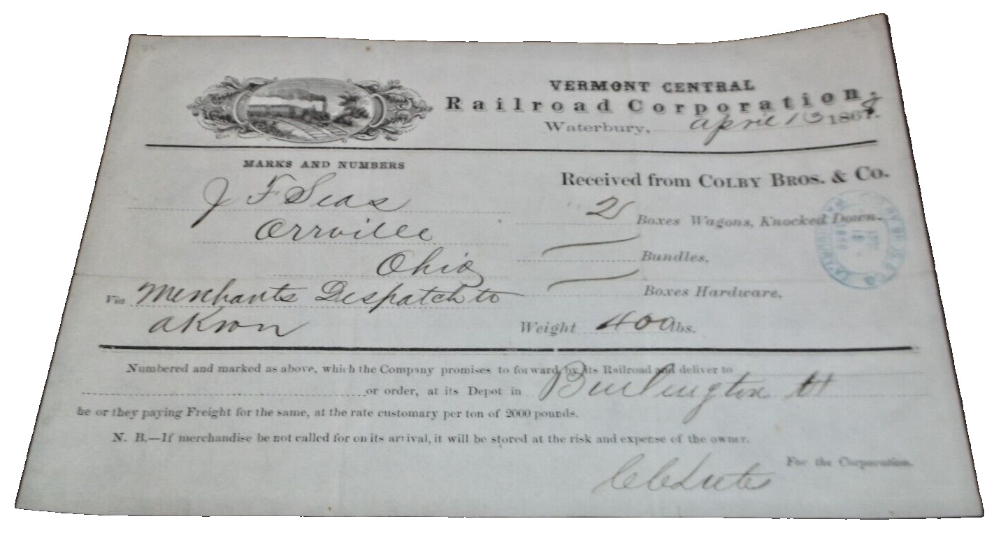 APRIL 1868 VERMONT CENTRAL RAILROAD FREIGHT BILL COLBY BROTHERS WATERBURY