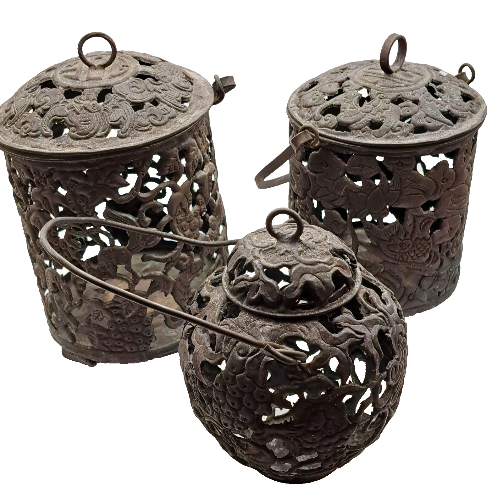 Set of 3 Antique Japanese Style Hanging Copper Lanterns